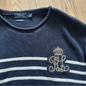 Polo Ralph Lauren Womens Sweater Medium Navy Blue Stripe Brass Buttons Crest L/S